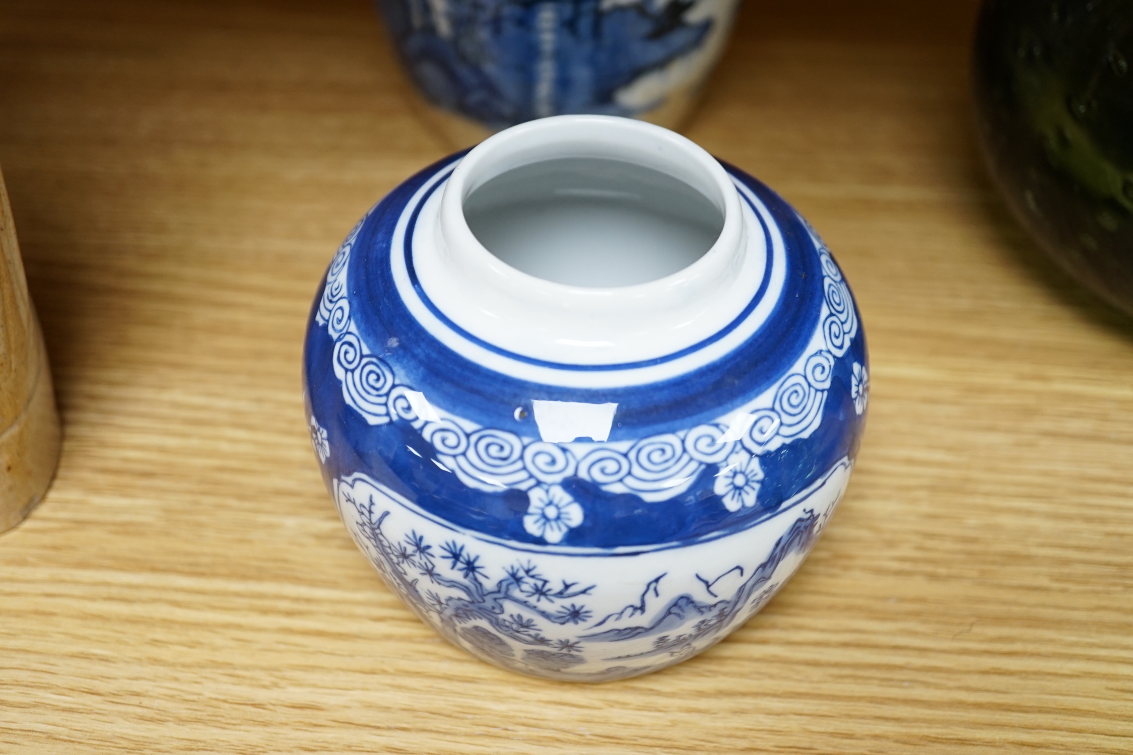 A Chinese ginger jar, another with cover and an ornamental bone and wooden travelling compass, tallest 14cm high